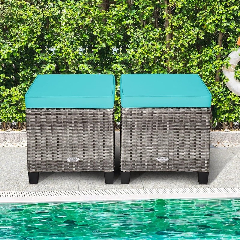 2 in 1 Outdoor Wicker Ottoman Set Multipurpose Footrest Portable Patio Furniture