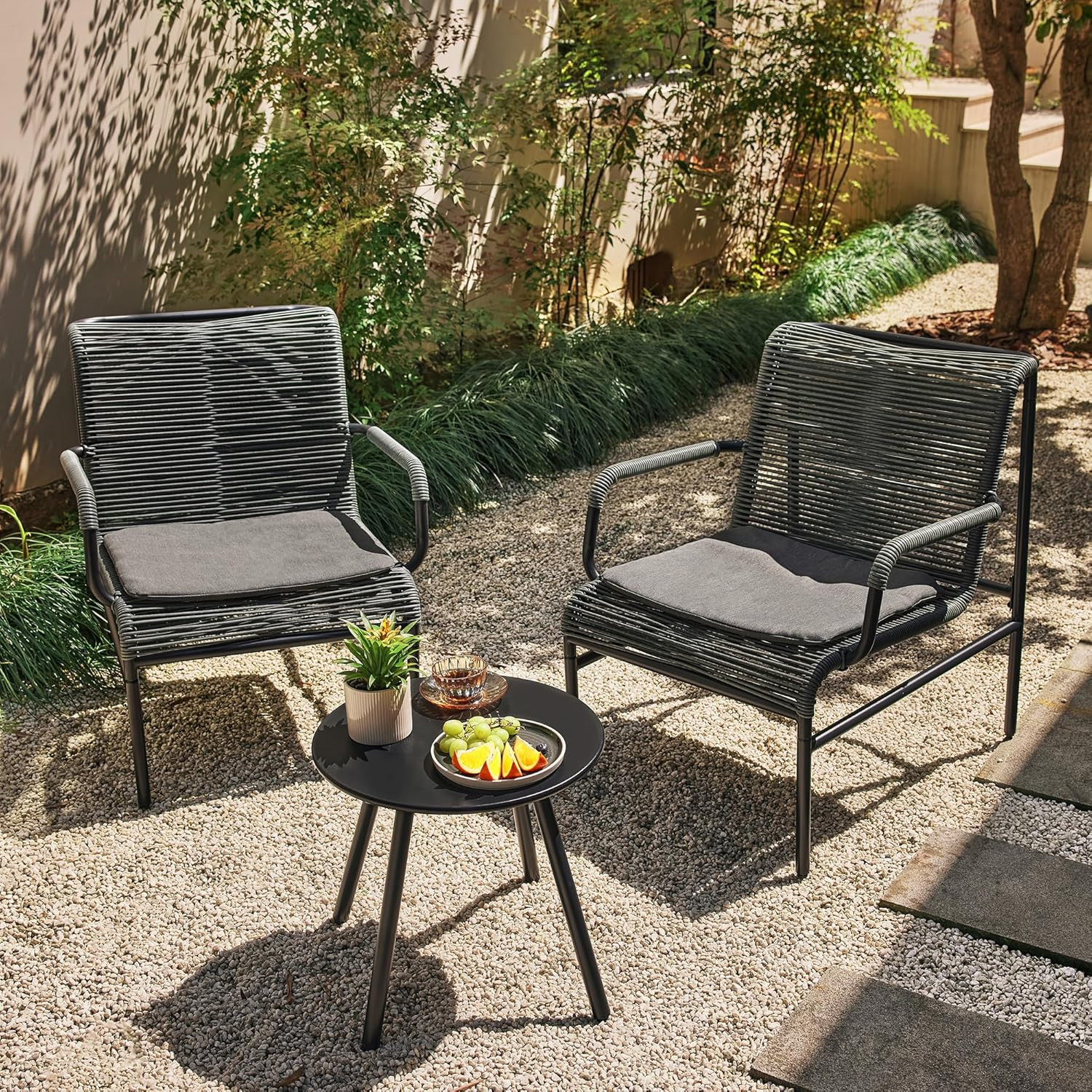 3-Piece Patio Furniture Set, Outdoor Bistro Set with PE Rattan Wicker Wide Chair