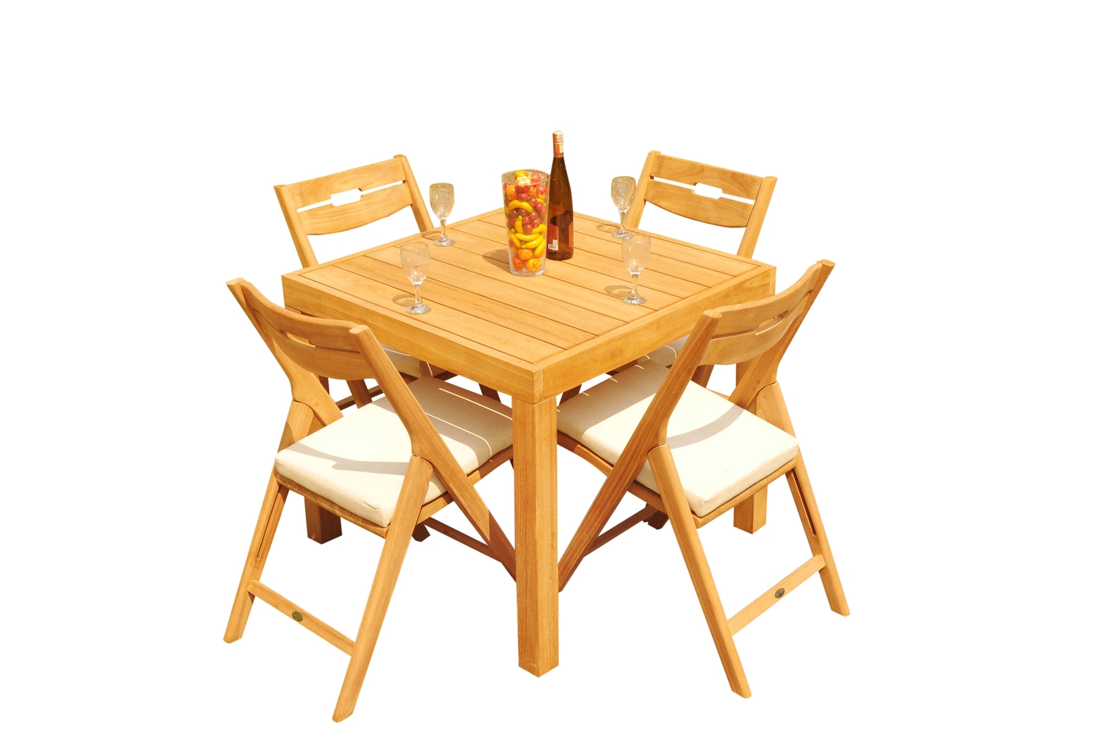 5-Piece Outdoor Teak Dining Set: 36″ Square Table, 4 Folding Arm Chairs Surf
