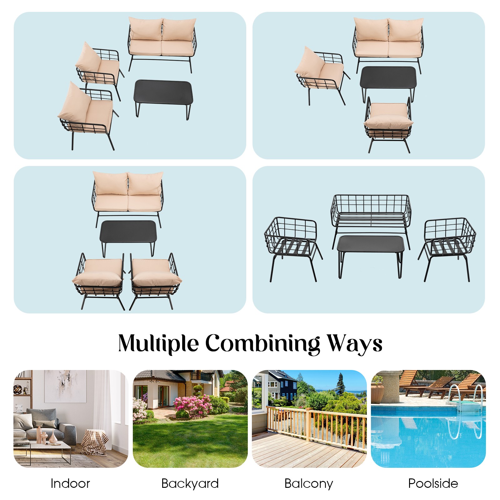 Patiojoy 4 Piece Patio Conversation Set Outdoor Loveseat Sofa Coffee Table Set