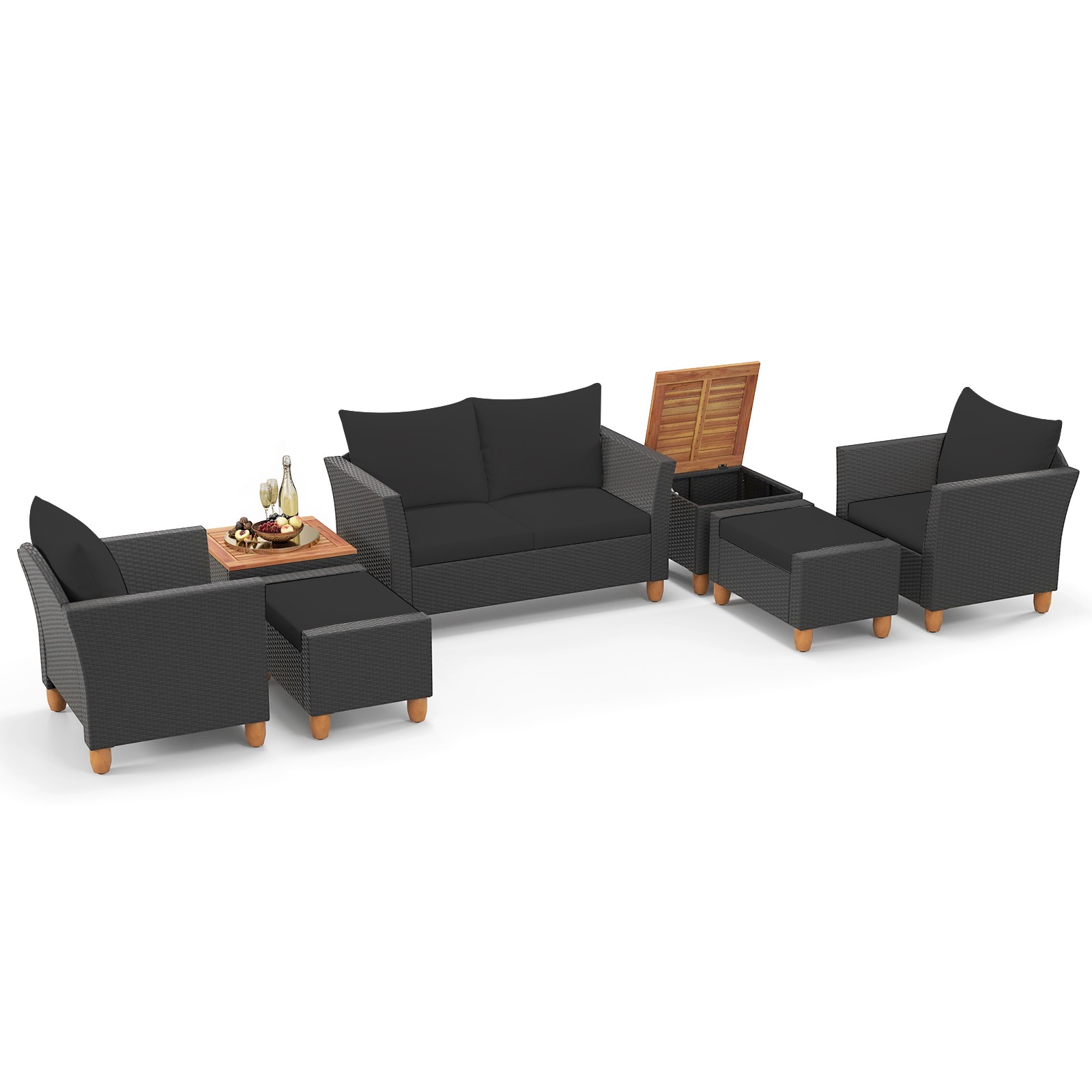 7 PCS Patio Furniture Set with Loveseat Armchairs Ottomans & Storage Table