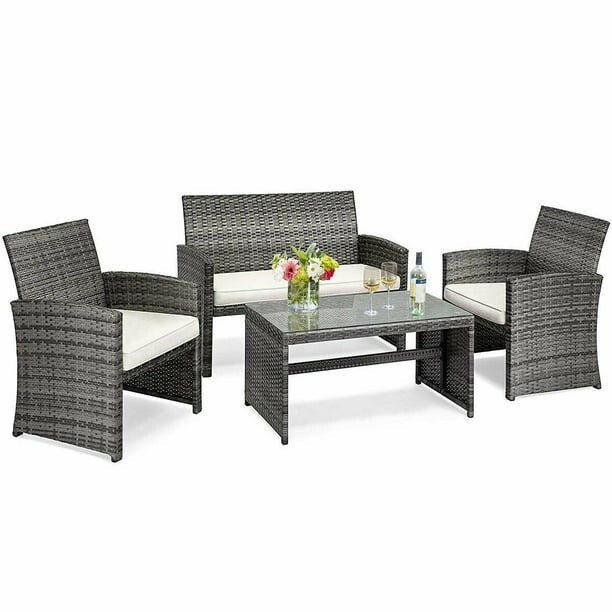4PCS Rattan Patio Furniture Set | Garden Sofa Cushioned Seat | Mixed Gray Wicker