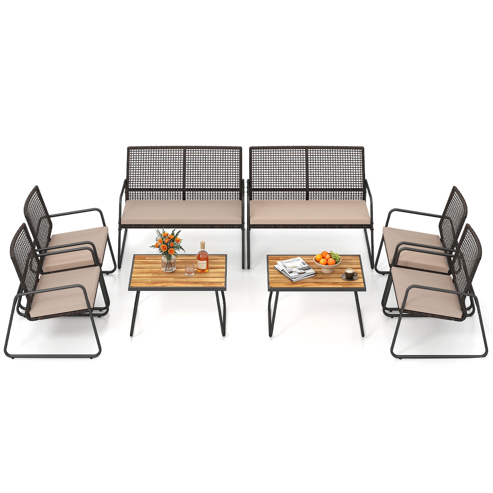 8PCS Patio Furniture Set PE Wicker Rattan Conversation Set w/ Zippered Cushions