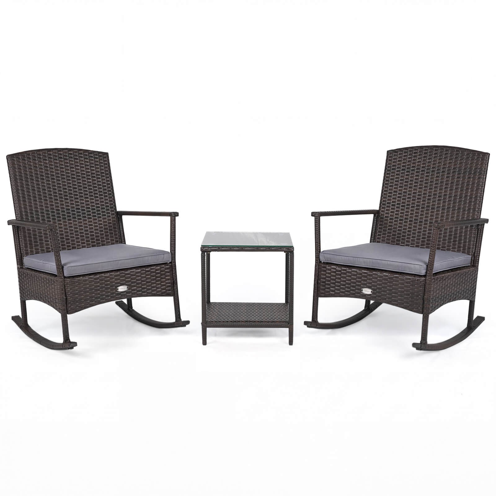 3 Piece Patio Rocking Bistro Set, 2 Rattan Armchairs with 2-Tier Side Table