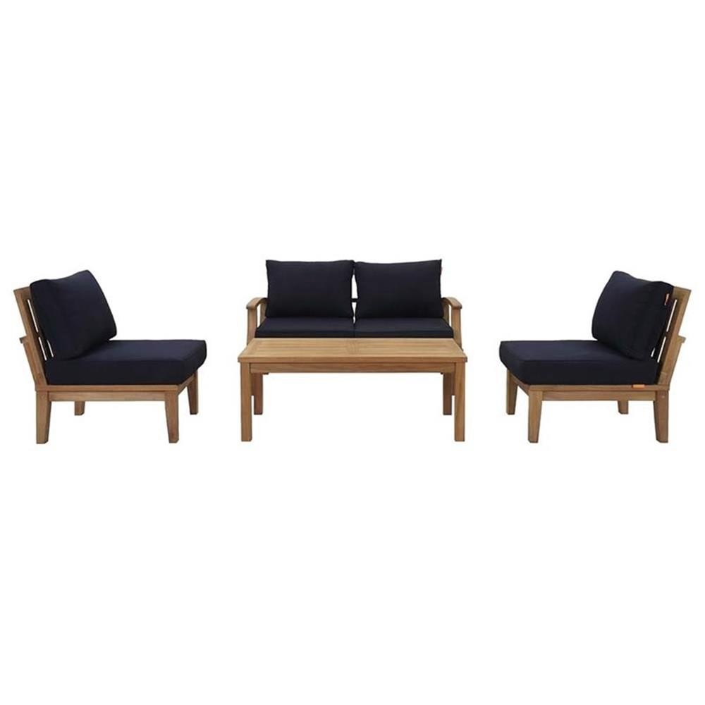 Modway Marina 5-Piece Solid Teak Wood Patio Sofa Set in Natural/Navy