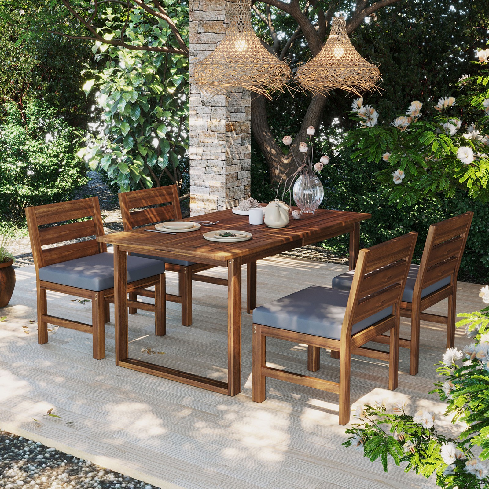 Farmhouse Acacia Wood 5-Piece Outdoor Patio Dining Set for 4