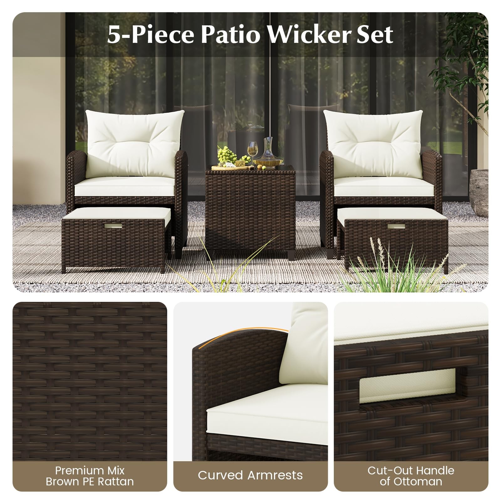 5 Pieces Patio Conversation Set, PE Wicker Outdoor Furniture Set with 2 Chair…