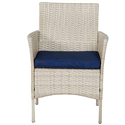 Outdoor Wicker Conversation 3 Piece Bistro Set Garden Patio Gray- Navy Blue