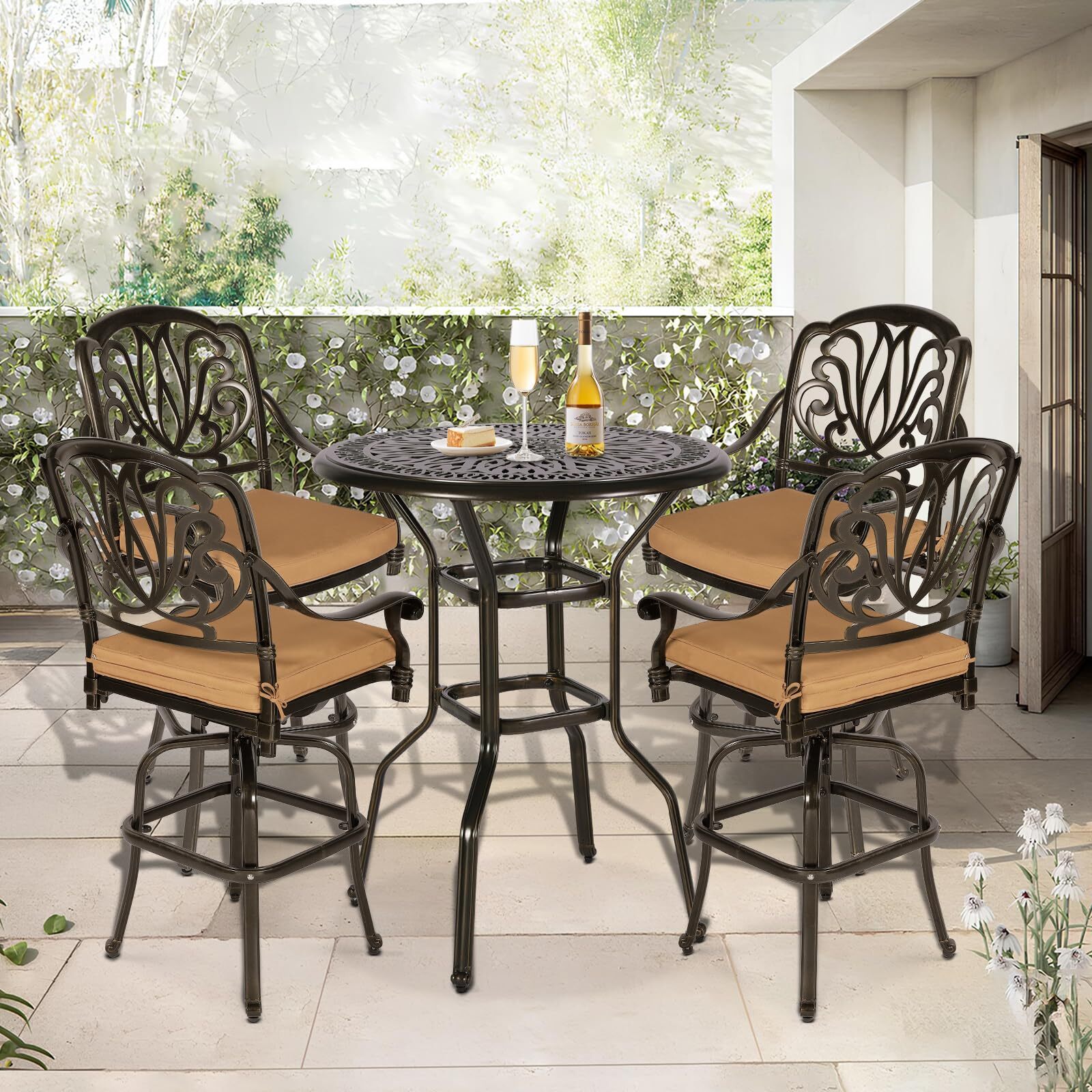 5 PCS Outdoor Patio Swivel Bar Set, Cast Aluminum Patio Bar Table and Chairs Set