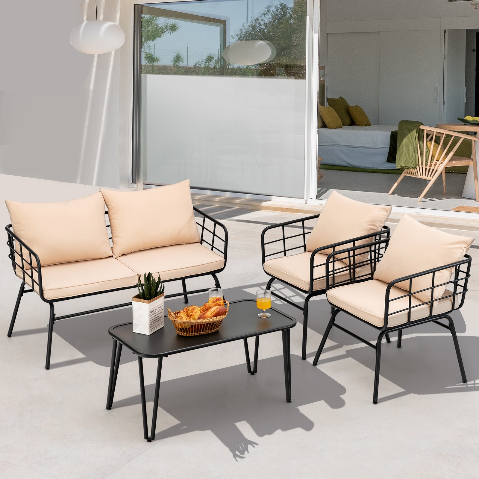 Patiojoy 4 Piece Patio Conversation Set Outdoor Loveseat Sofa Coffee Table Set
