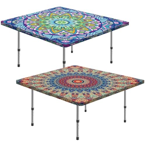 2pcs Diwali Mandala Decoration Outdoor Square Tablecloth with Elastic 34x34inch