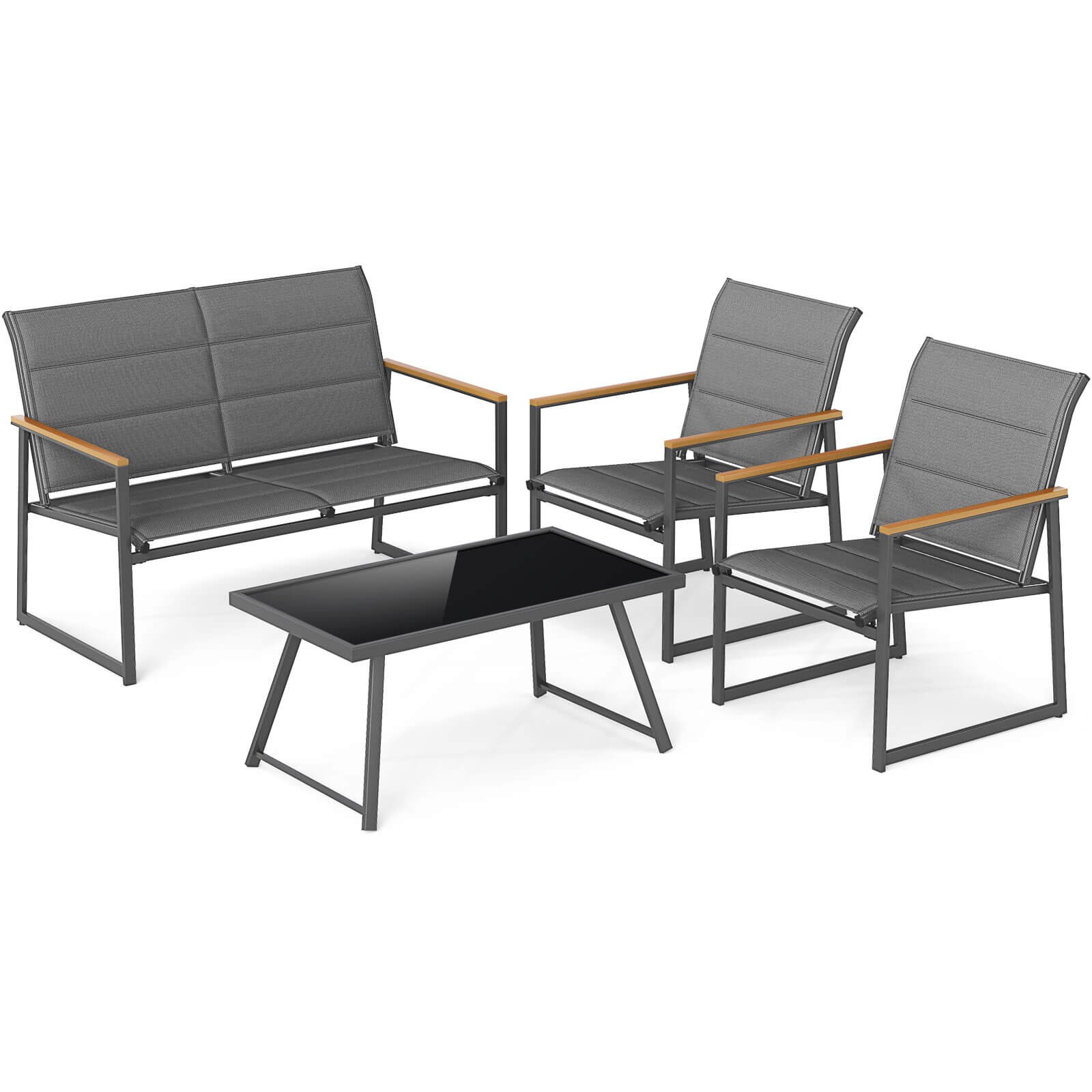 4 PCS Patio Furniture Set w/ Padded Fabric Seat & Wood-Plastic Armrests Table