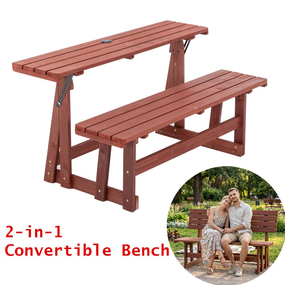 2-in-1 Convertible Bench Wood Picnic Table Outdoor Folding Dining Set For Garden