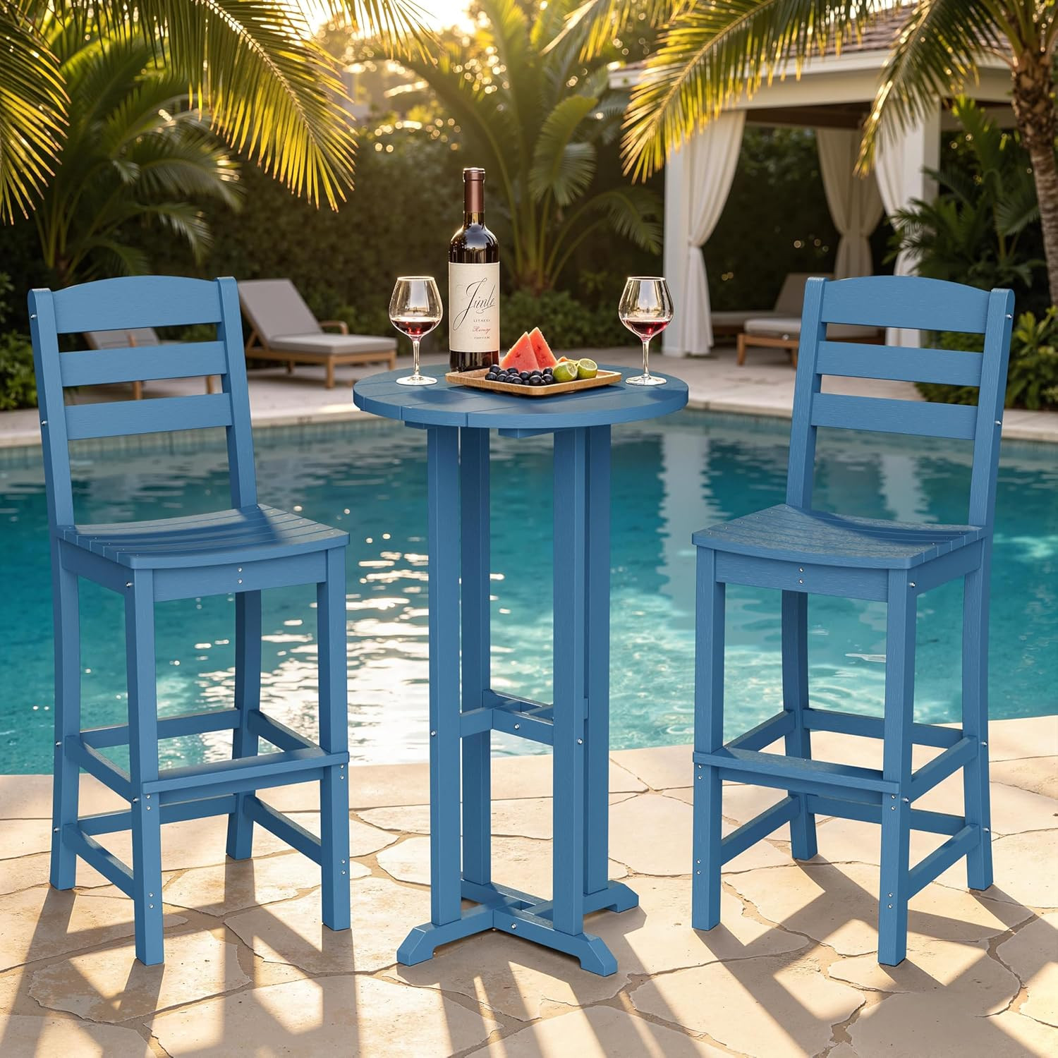 JY QAQA 3-Piece Blue Adirondack Bar Set for Patio, Balcony, or Poolside