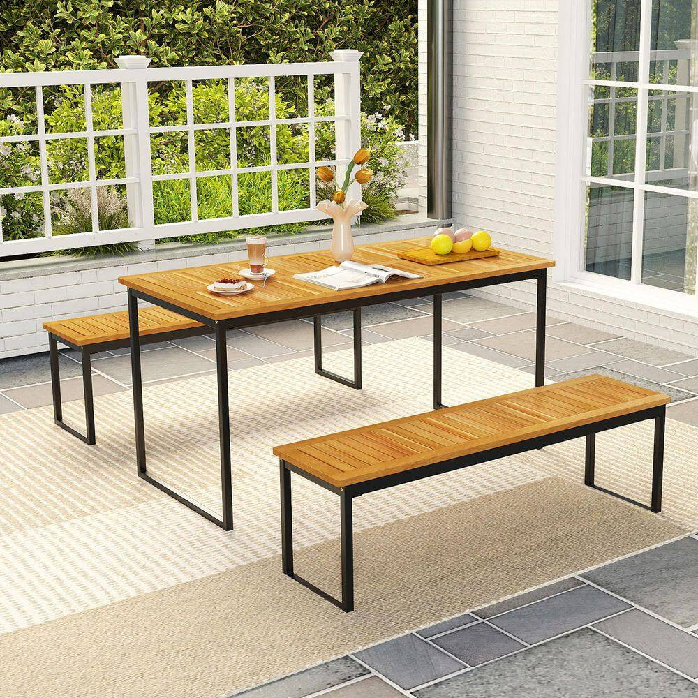 2-Pieces 51 In. Wooden Outdoor Bench Patio Dining Bench with Acacia Wood Seat Na