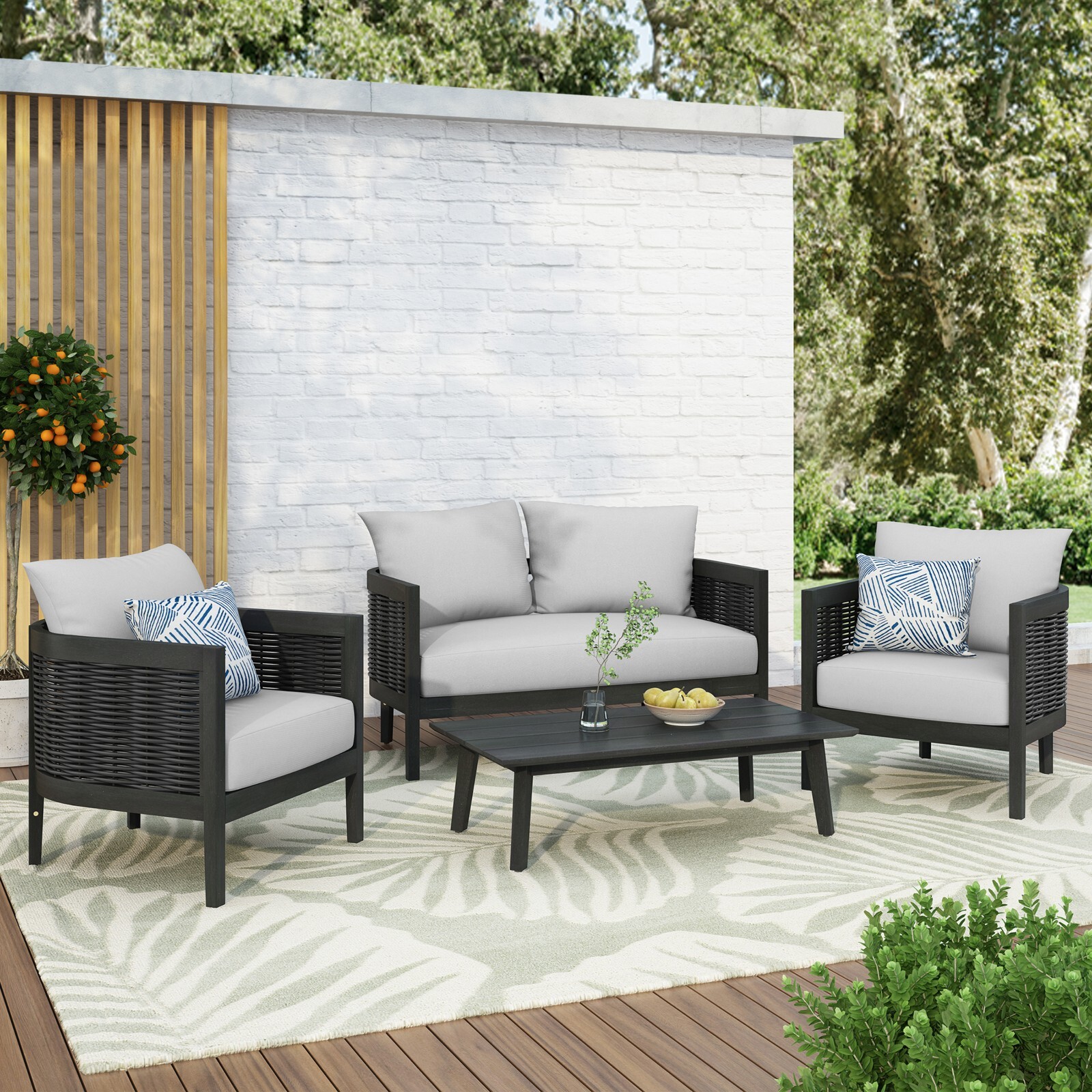 4-Seater Outdoor Chat Set Acacia Wood & Wicker Club Chair & Table with Cushions