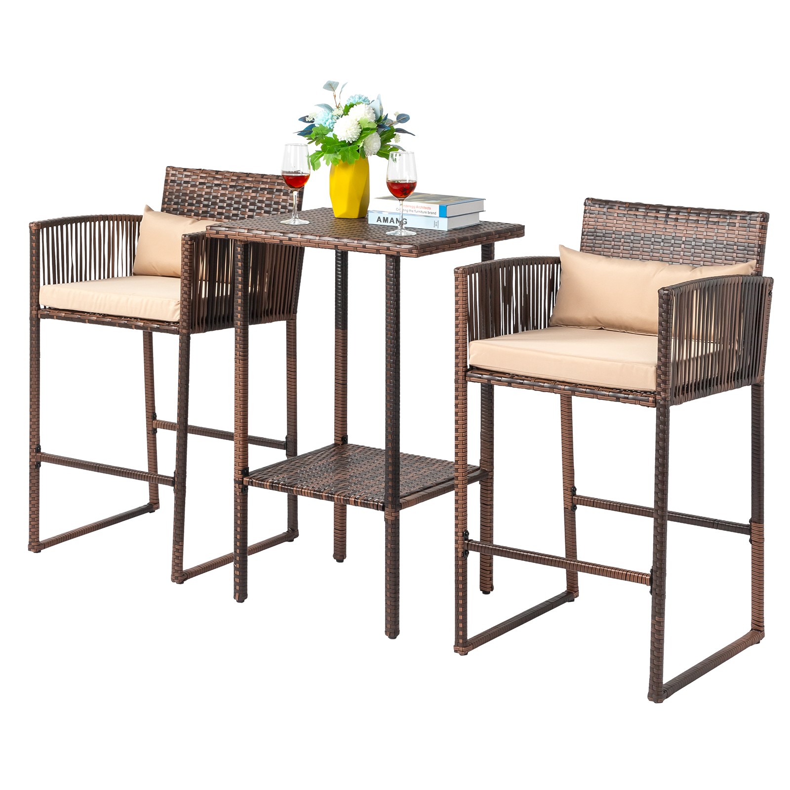 Outdoor Patio Bar Set Bar Height Bistro Table Set 2 People with Cushion, Pillows