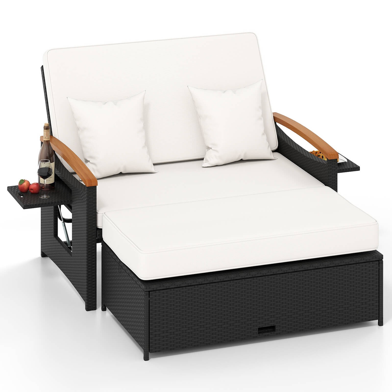 Patio Rattan Daybed Set w/Cushioned Loveseat & Storage Ottoman for Porch