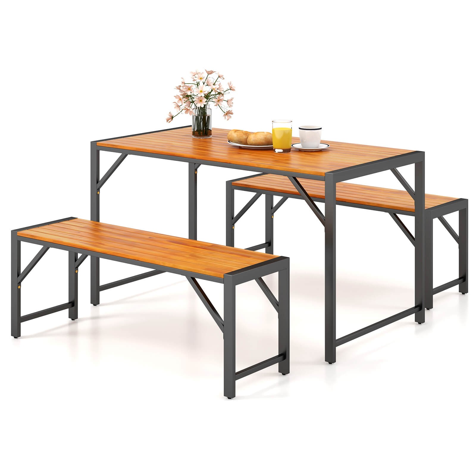 3 PCS Patio Dining Set for 6 People 53″ Acacia Wood Picnic Table & 2 Benches