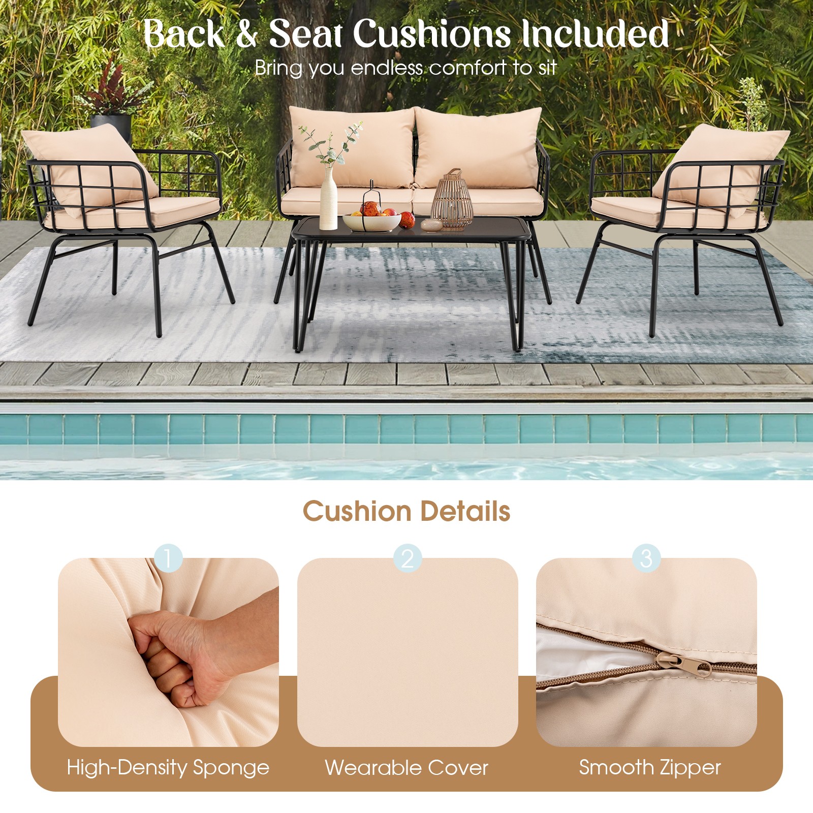 Patiojoy 4 Piece Patio Conversation Set Outdoor Loveseat Sofa Coffee Table Set