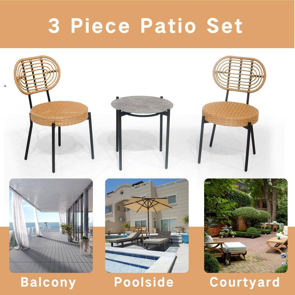 3-Piece All-Weather Wicker Outdoor Bistro Set, Patio Conversation Set for Garden