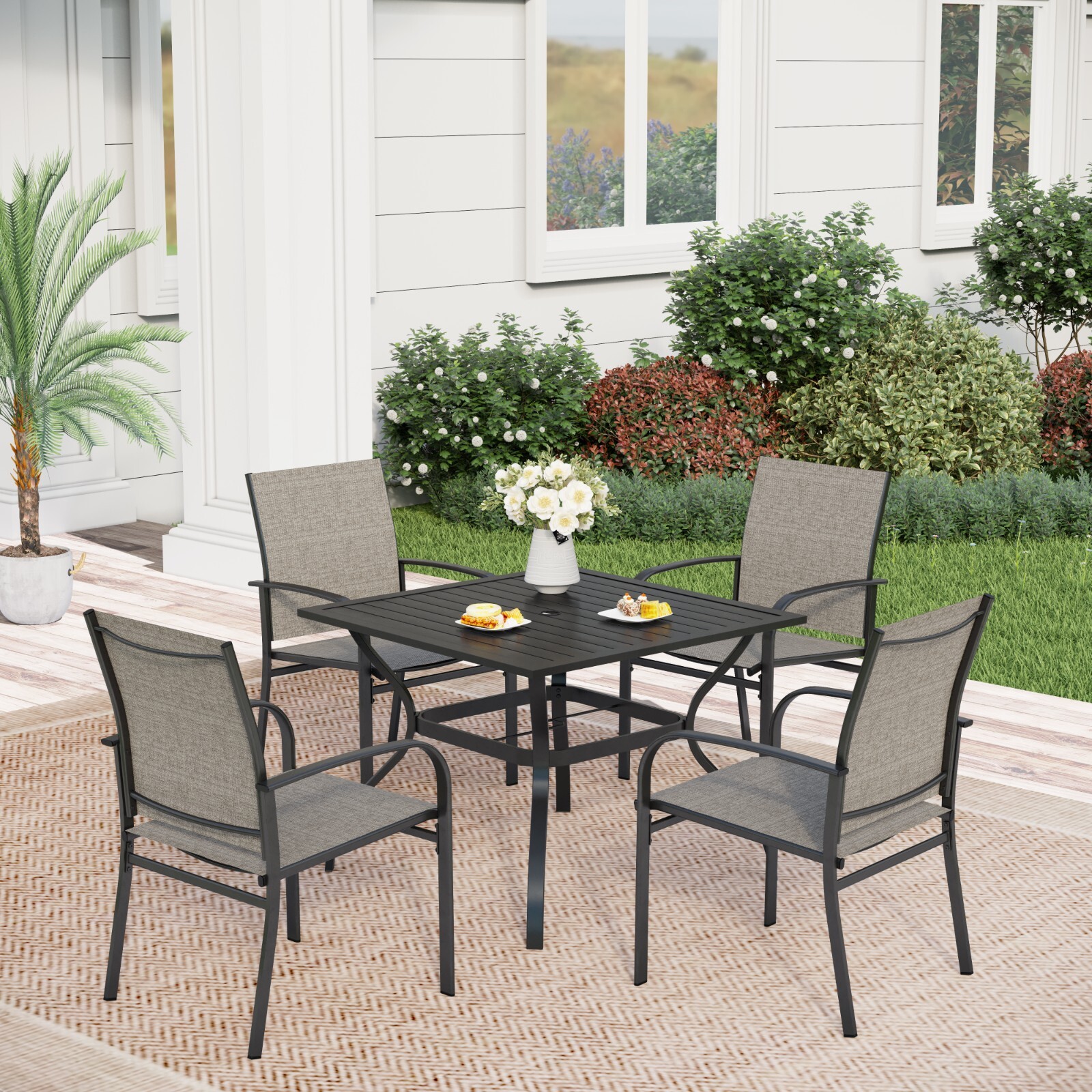 5 Piece Patio Furniture Set Outdoor Dining Set w/ 4 Chairs Square Table Brown