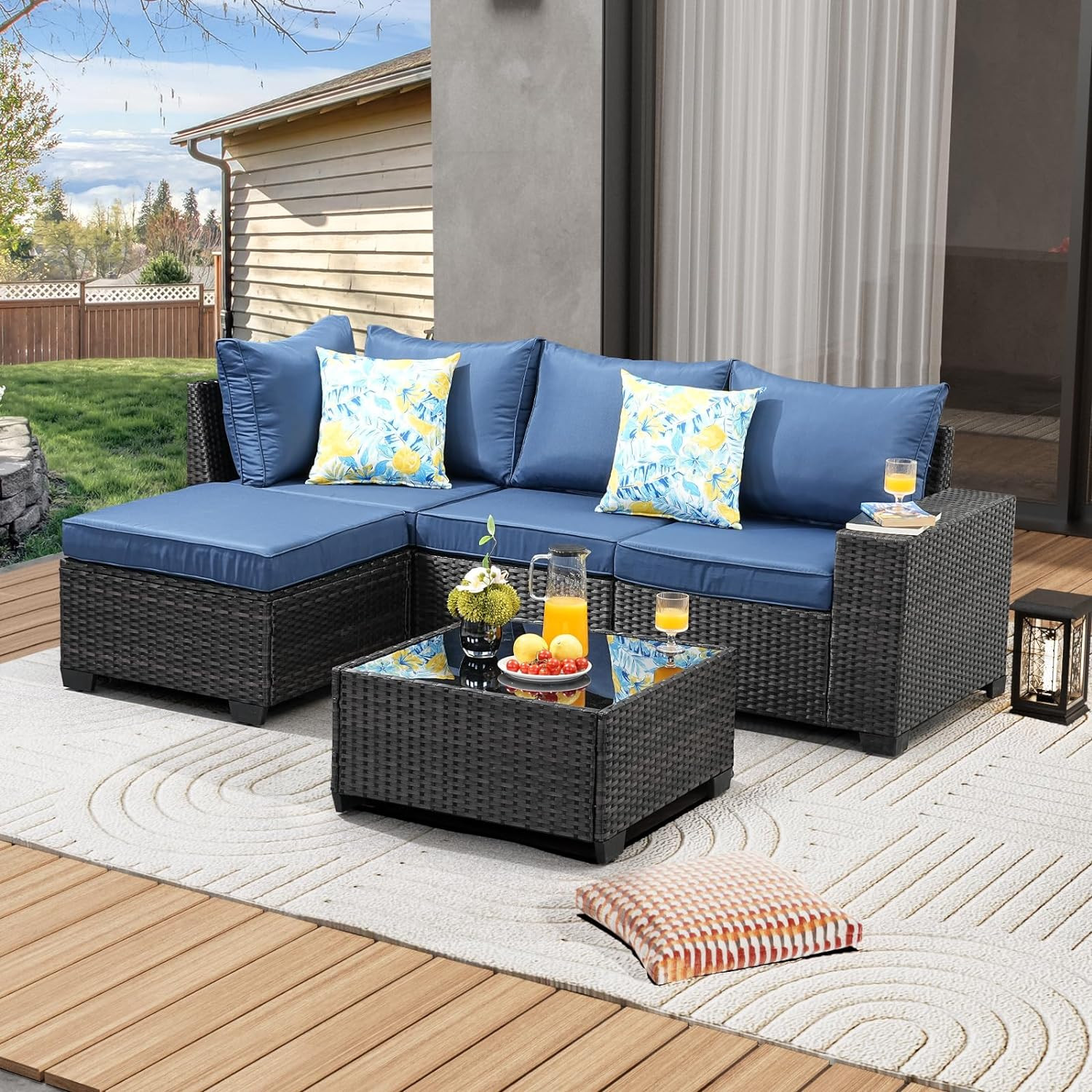 5 Pieces Patio Furniture Set All-Weather Outdoor Wicker Sectional Conversation S