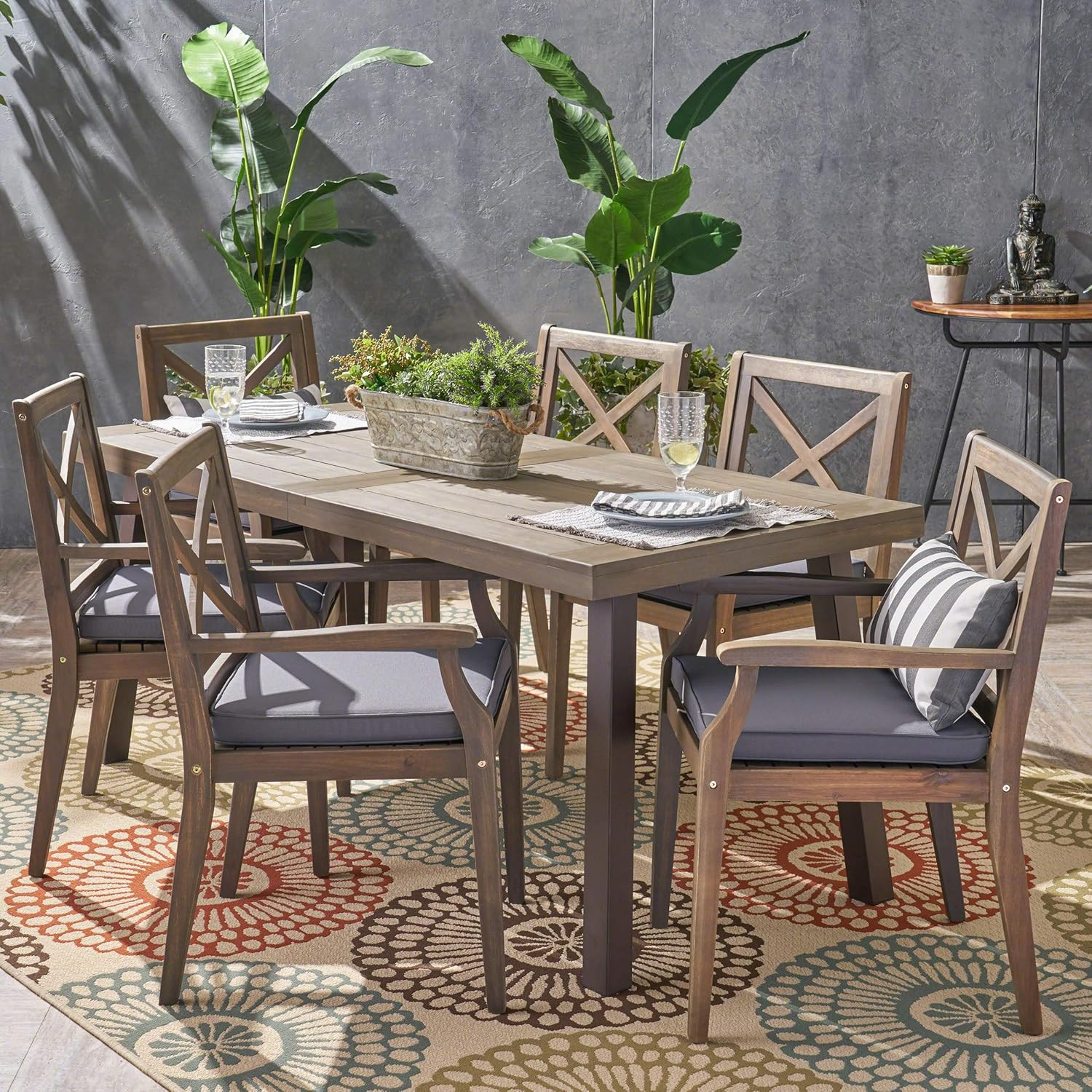 Stylish 7-Piece Acacia Wood Dining Set with Rustic Metal and Gray Finish