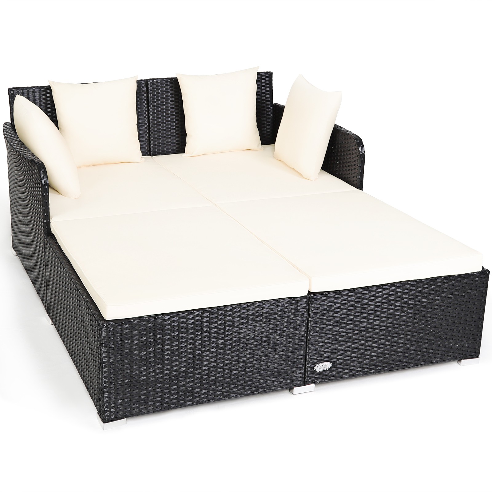 Patiojoy Outdoor Patio Rattan Daybed Pillows Cushioned Sofa Furniture Beige