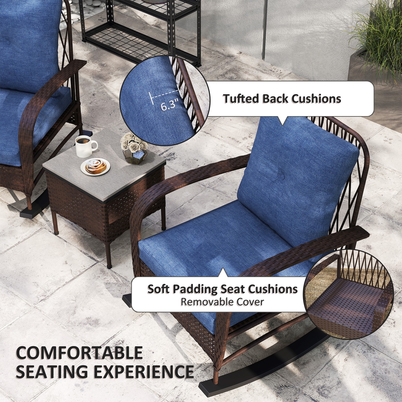 Outsunny Rocking Chairs & Coffee Table, Patio Furniture Set with Cushion, Brown