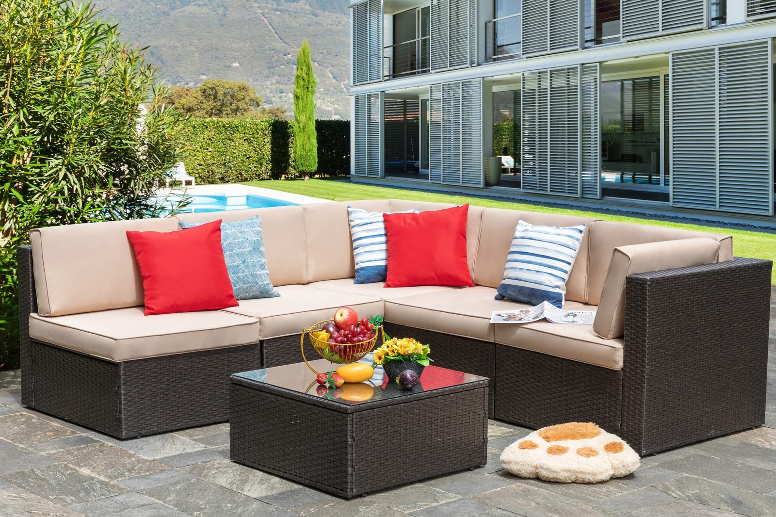 Vongrasig 6 Piece Patio Furniture Set, Small Outdoor 6 Pieces, Beige