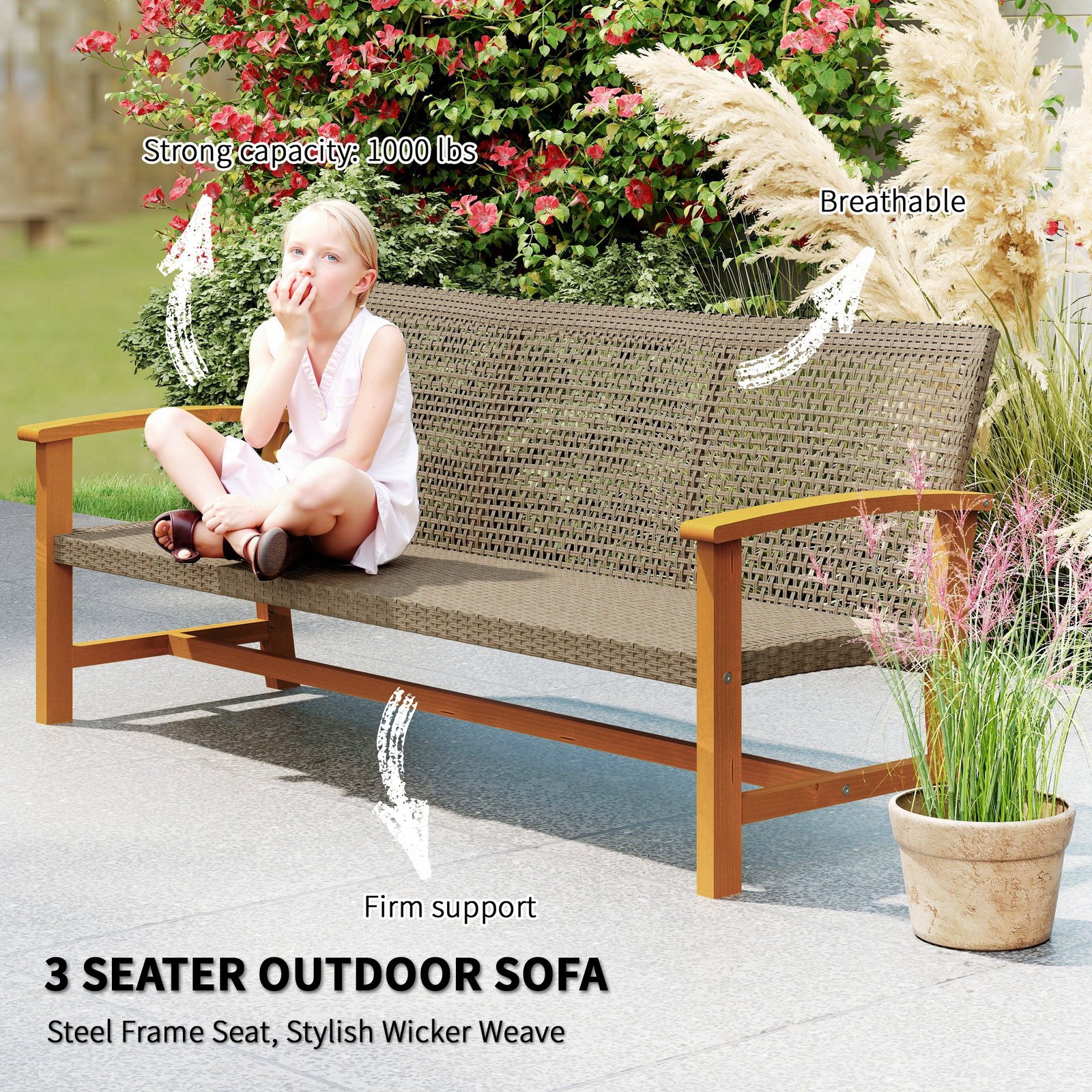 3-Seat Wicker Outdoor Patio Sofa Couch Teak PE Wicker Acacia Wood