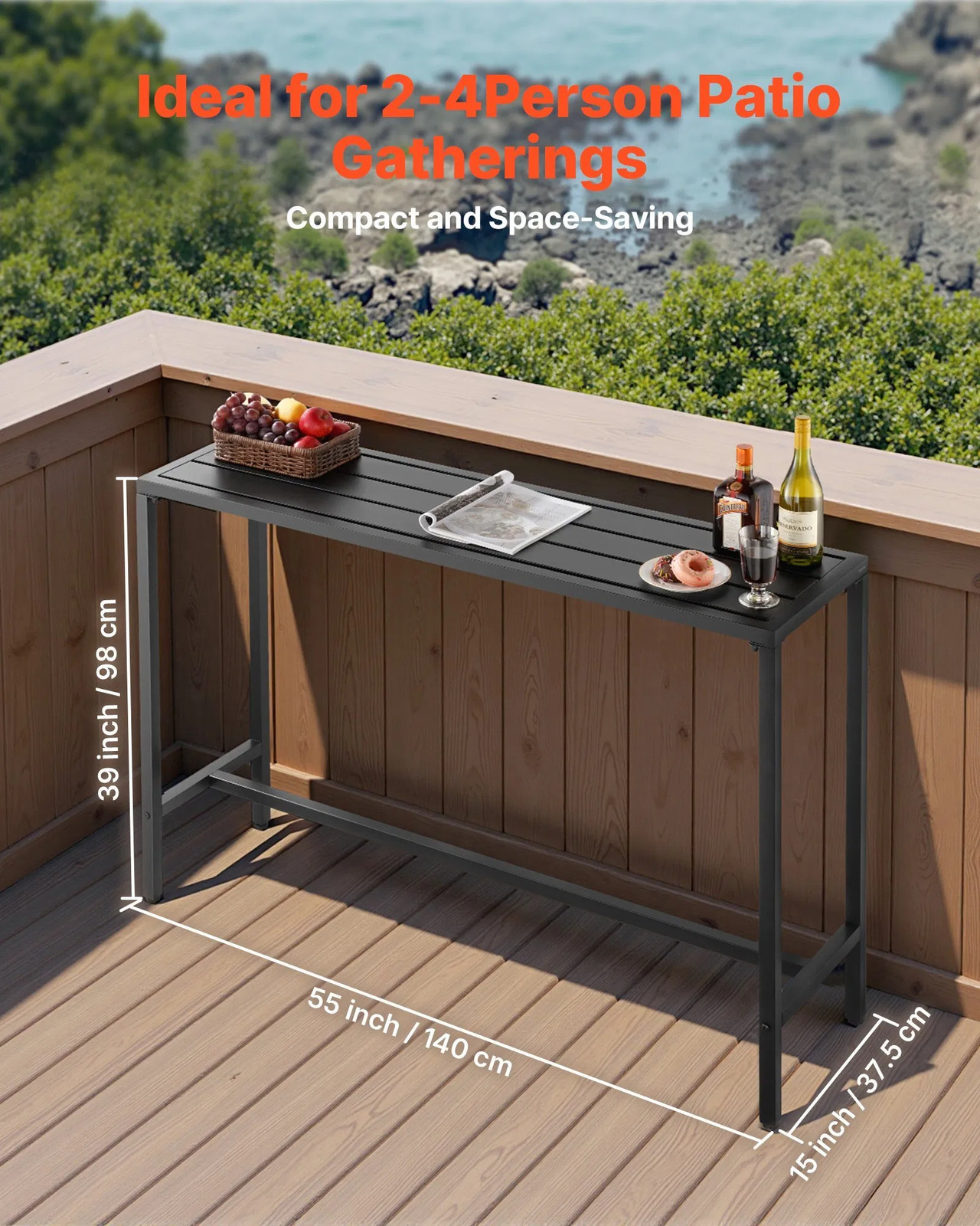 Outdoor Bar Table, 55 x 15 in Patio Bar Table, Waterproof Top & Sturdy Metal Fra