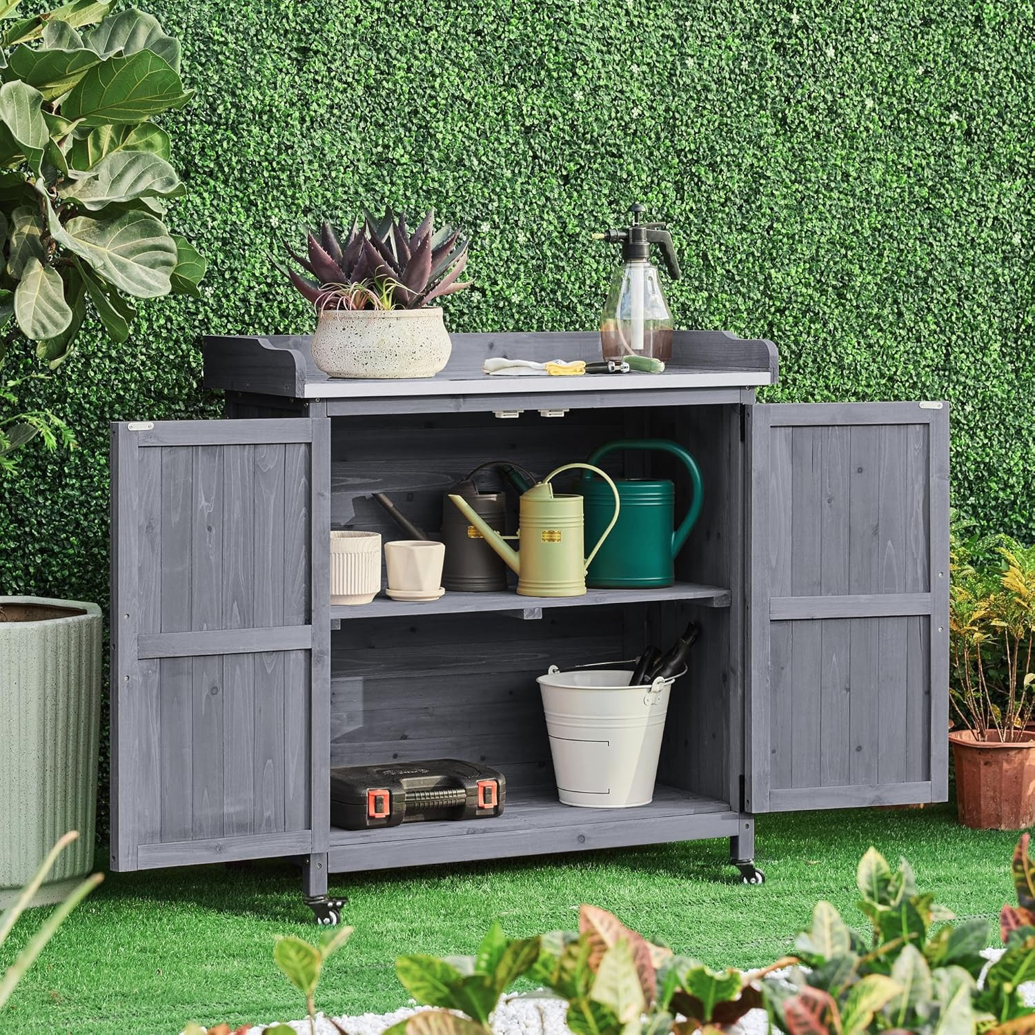 Garden Potting Bench Table, Outdoor Garden Horticultural Wooden Storage Cabinet