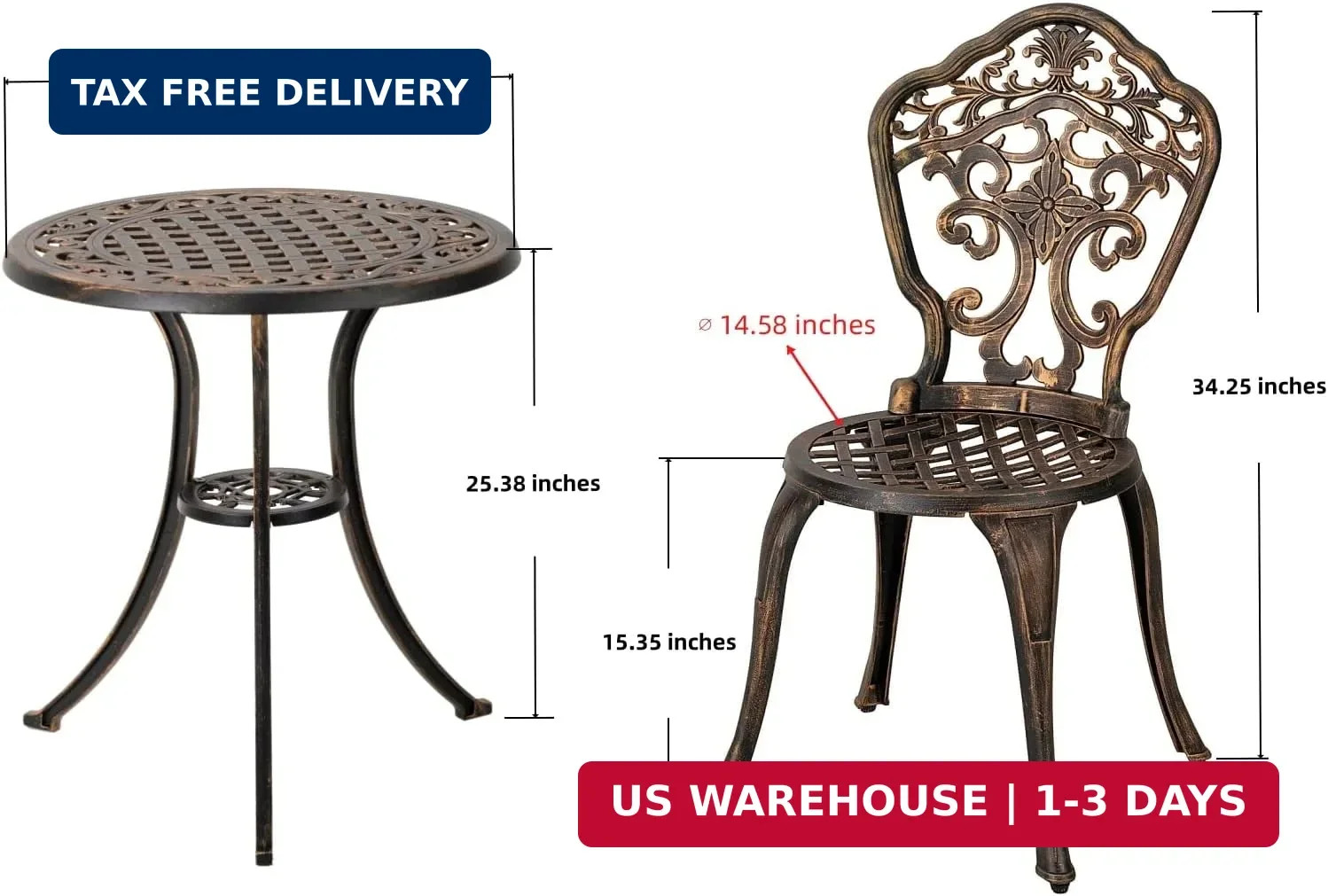 Bistro Set 3 Piece Rustproof Cast Aluminum Patio Furniture Sets 2 Chairs and 1 R