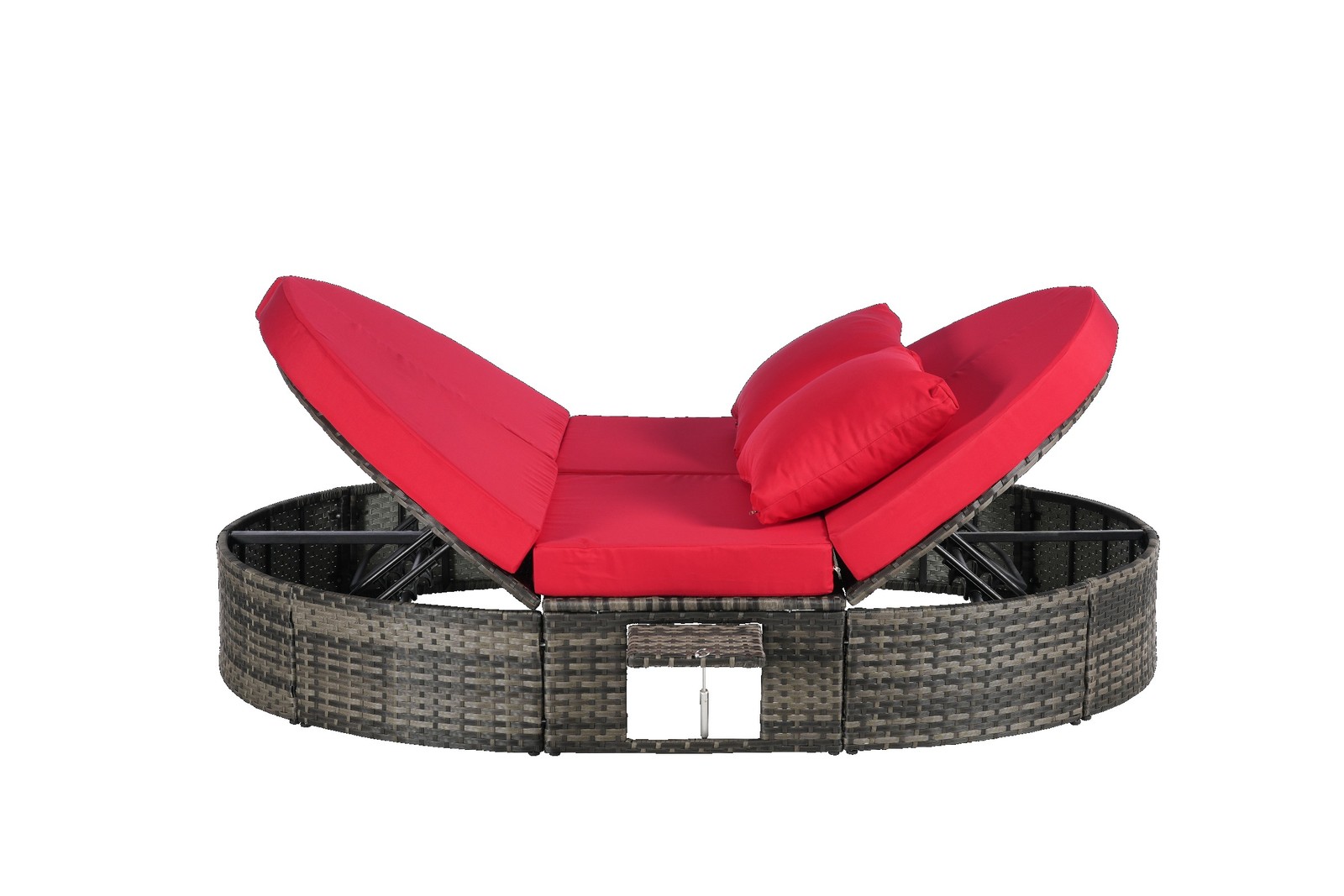 Outdoor Patio Round Daybed with Cushions, Adjustable Backrest, Red