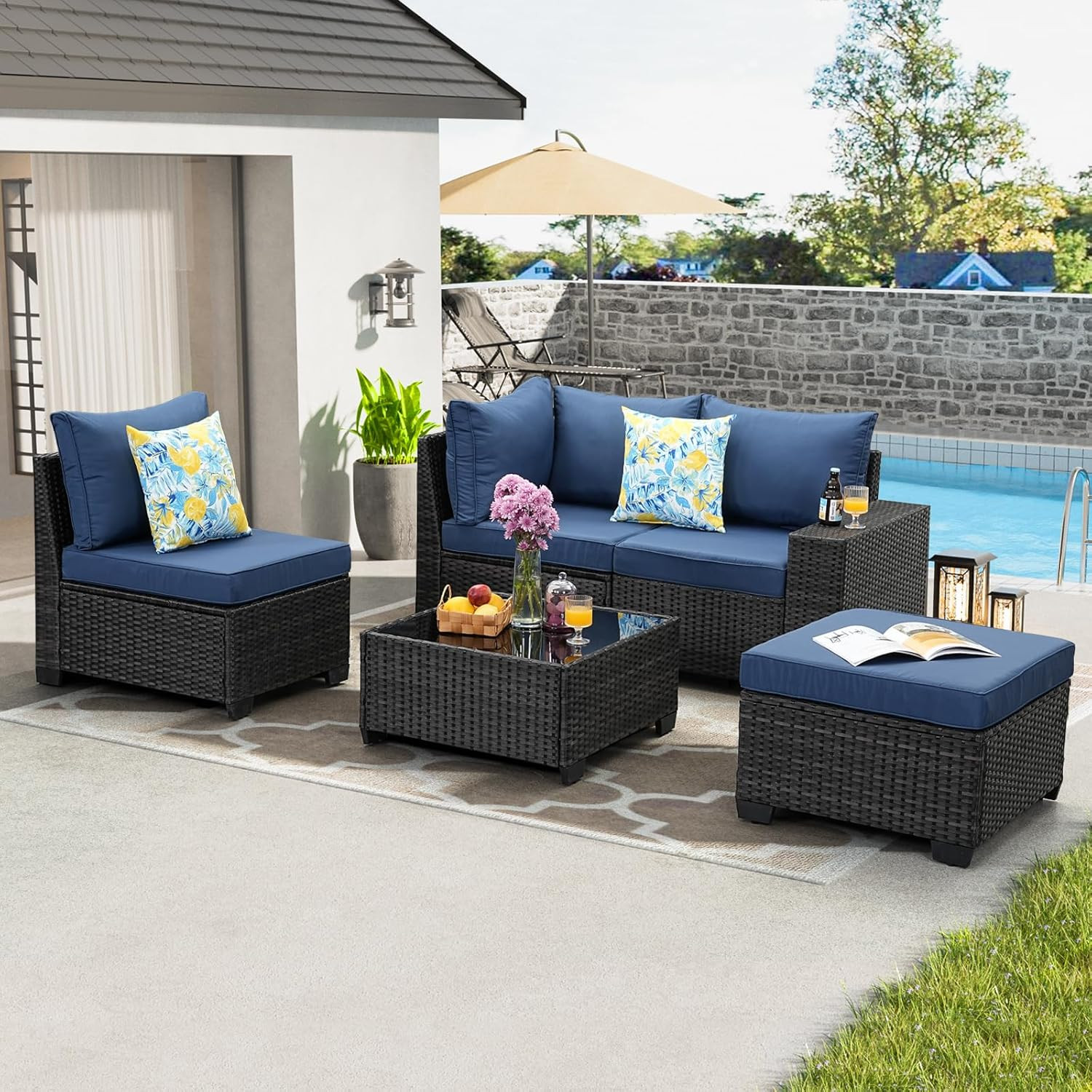 5 Pieces Patio Furniture Set All-Weather Outdoor Wicker Sectional Conversation S