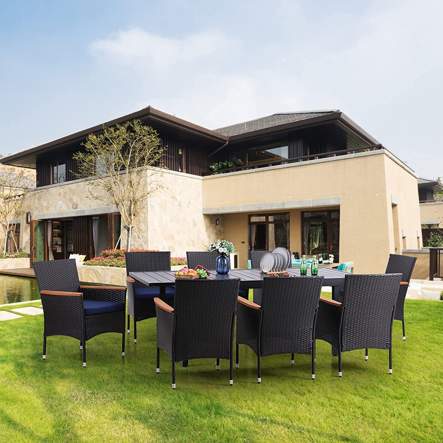 9 PCS Outdoor Dining Set Rattan Patio Furniture Set Outdoor Expandable Table