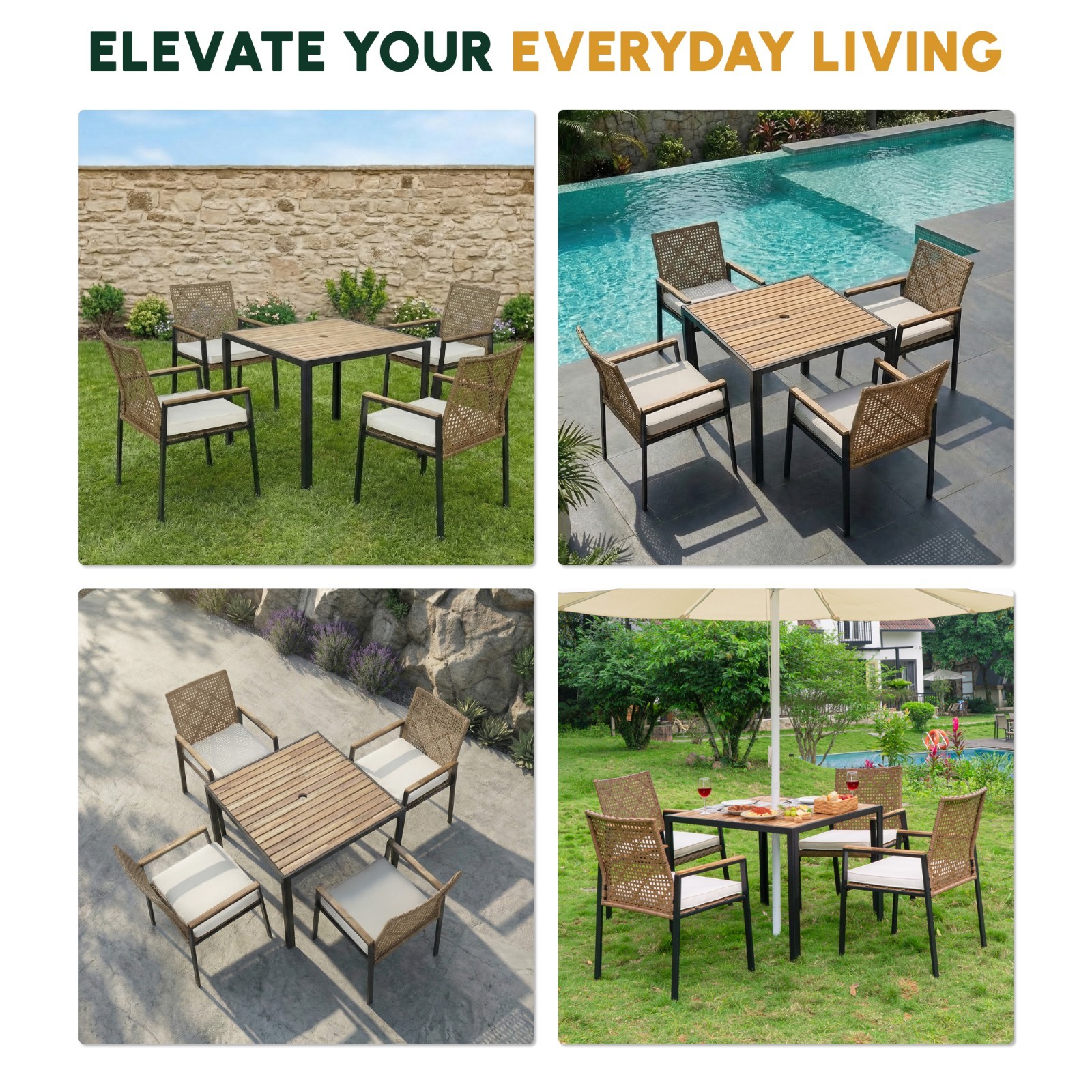 All Weather 5-Piece Patio Dining Table Sets, Patio Conversation Set Wood Table