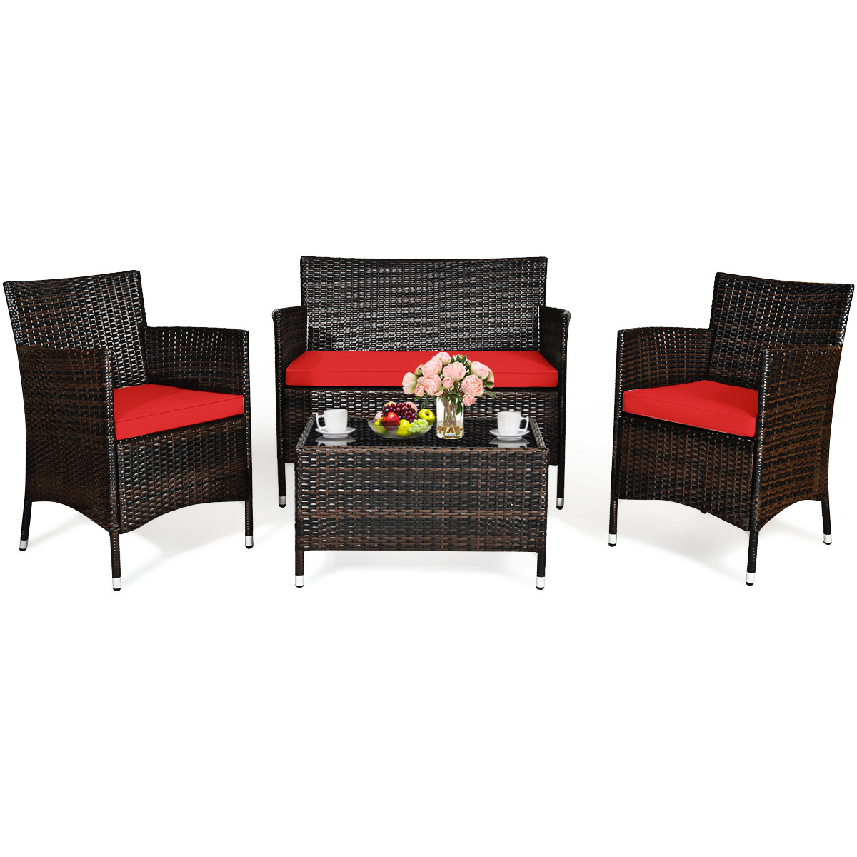 4PCS Rattan Patio Furniture Set Cushioned Sofa Chair Coffee Table Red