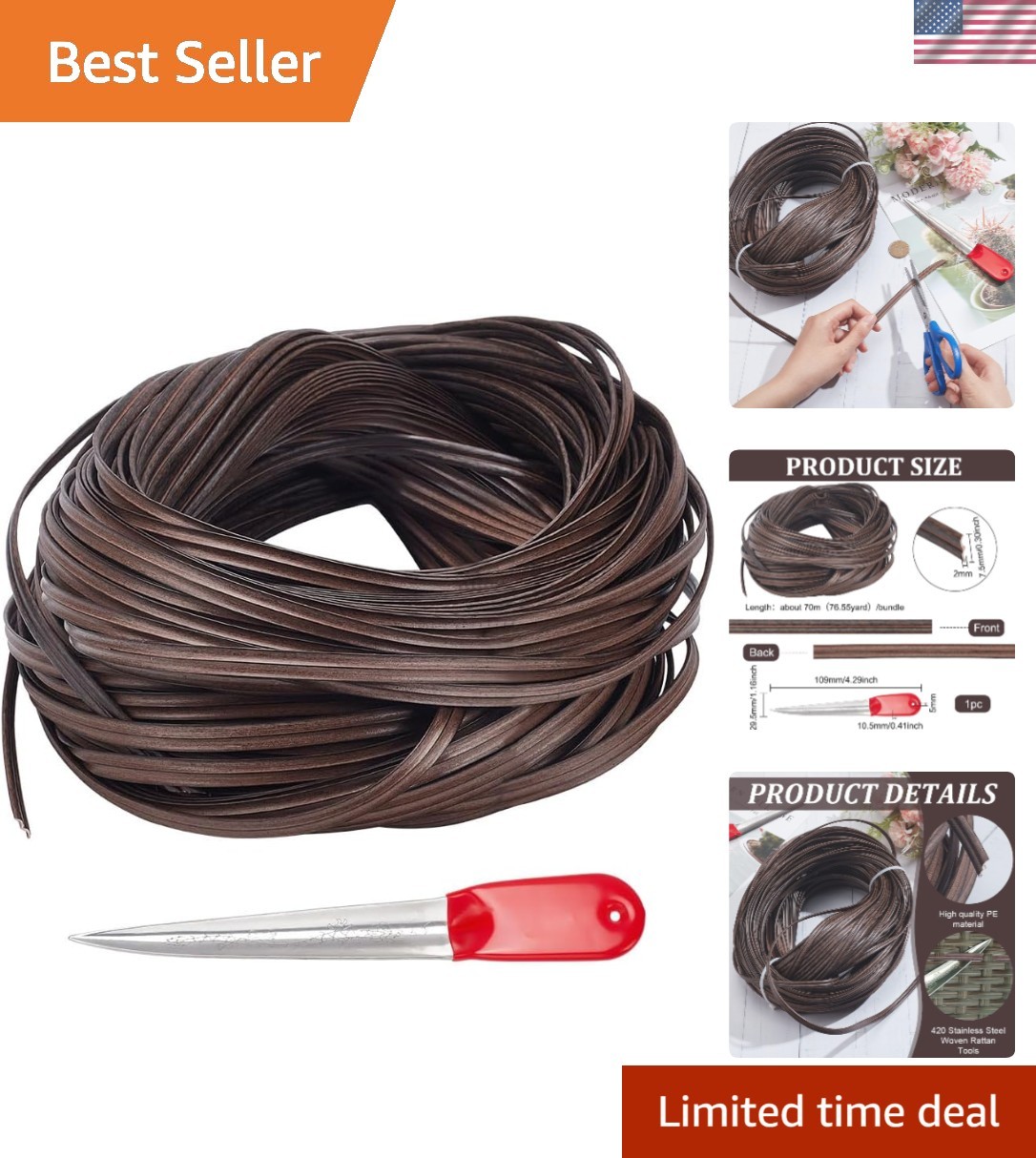 Durable 230FT Wicker Repair Kit: Stainless Steel Tool & Black Rattan Material