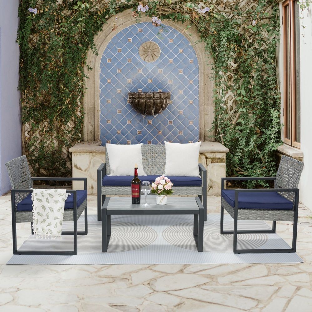 4-Piece Patio Furniture Set Outdoor Balcony Furniture Gray Acacia Wood Table Top
