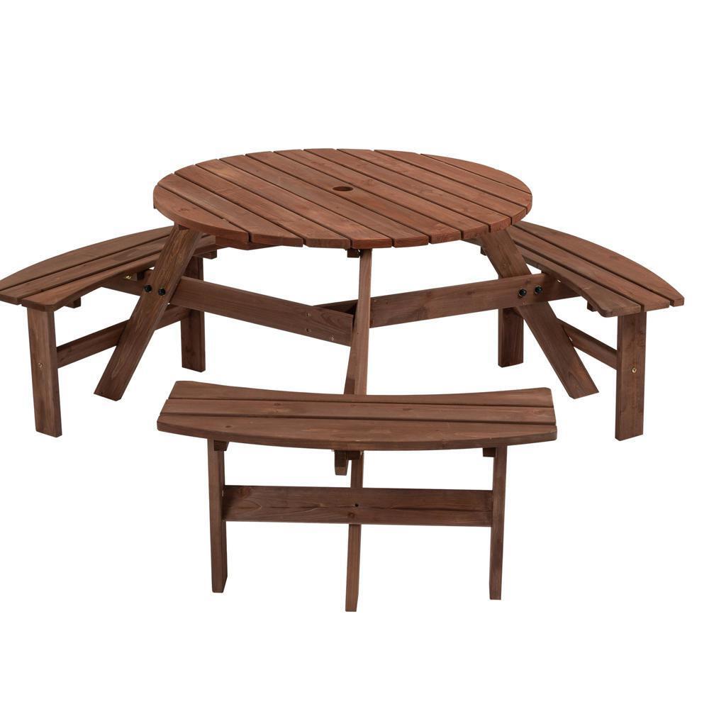 High Quality 6-Person Circular Wooden Picnic Table w/ 3 Built-in Benches New Sty