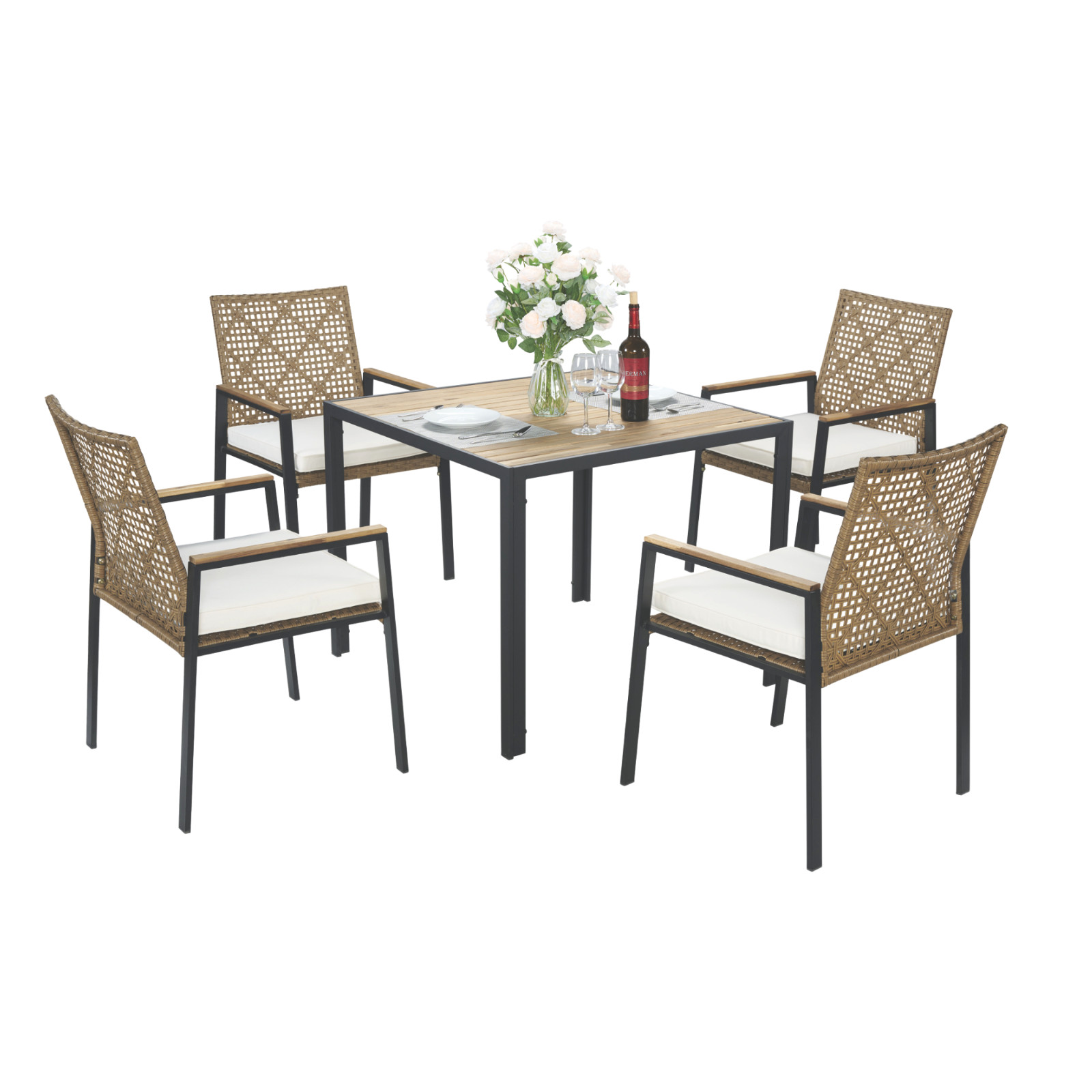 All Weather 5-Piece Patio Dining Table Sets, Patio Conversation Set Wood Table