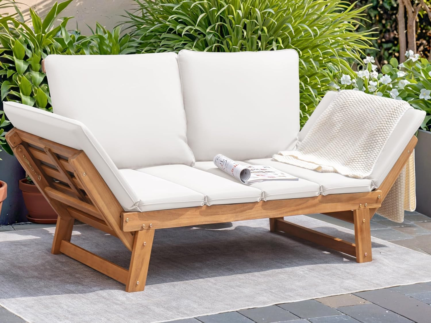 Devoko Outdoor Couch Acacia Wood Patio Couch with Adjustable Armrests, Outdoor C