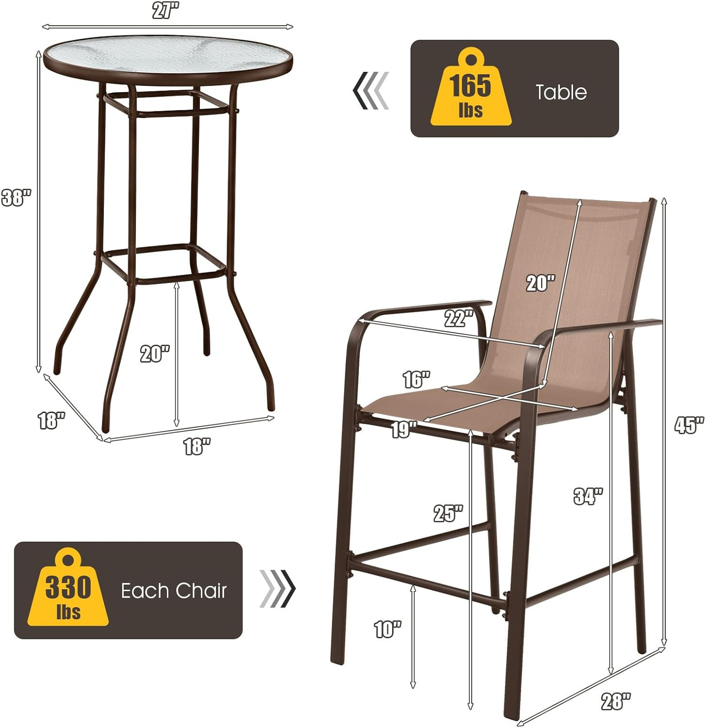 Stylish 3-Piece Outdoor Bar Set with Glass Table & 2 Stools – Coffee Color