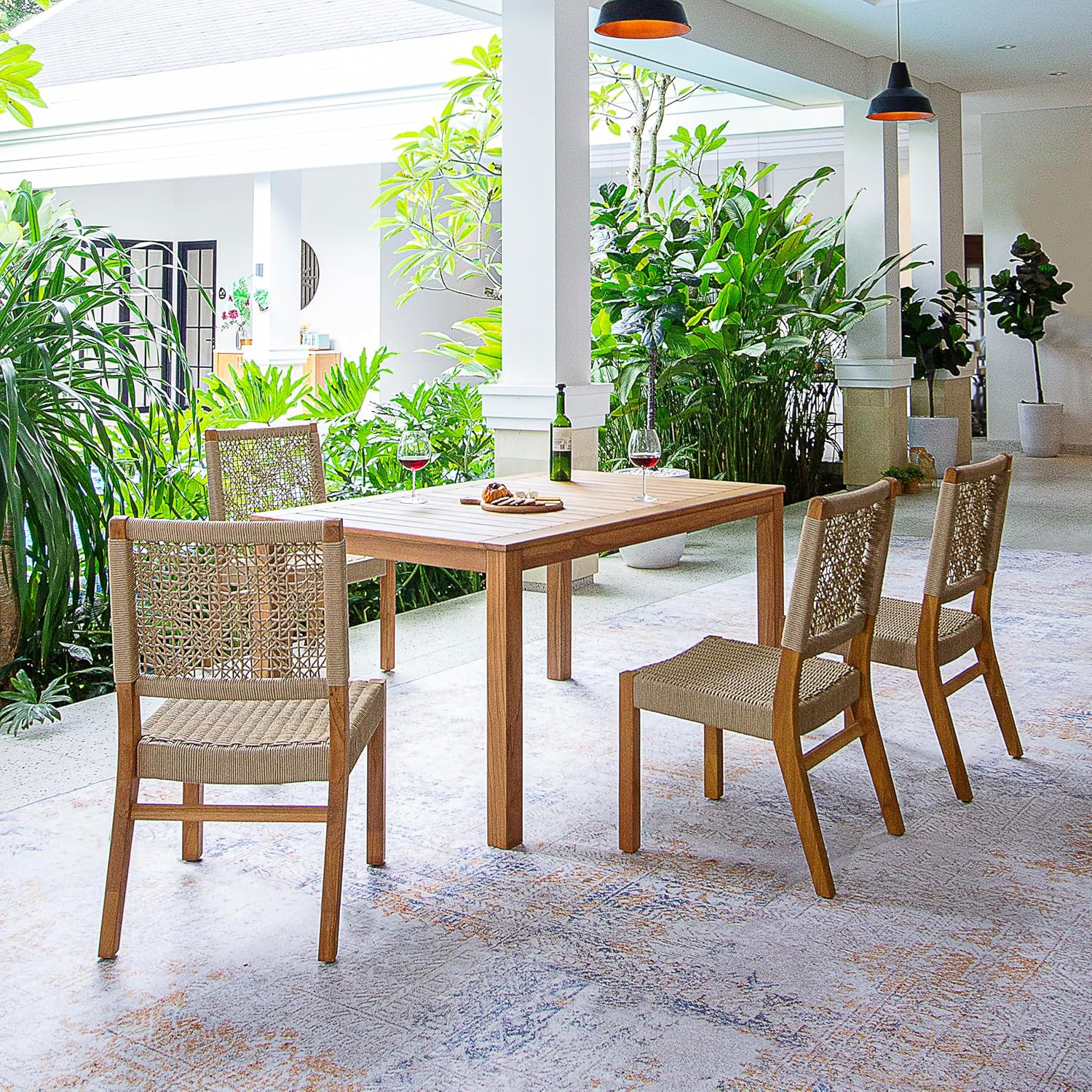 Frankfort 5-Piece Teak Patio Dining Set for 4 with Umbrella Hole – Tan
