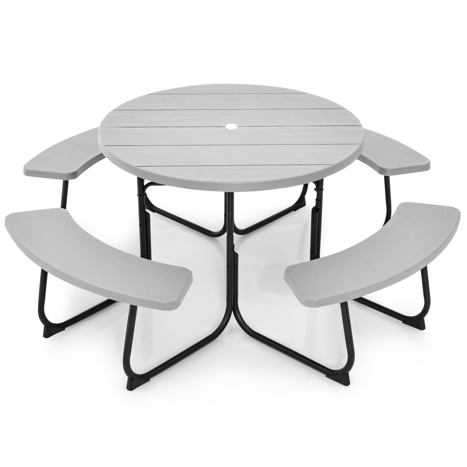 Outdoor 8-person Round Picnic Table Bench Set w/ Umbrella Hole & 4 Benches Grey