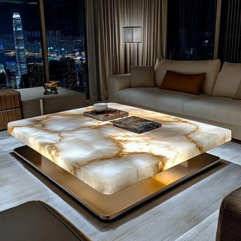 Handmade White Agate Coffee Table – Modern Square Centerpiece