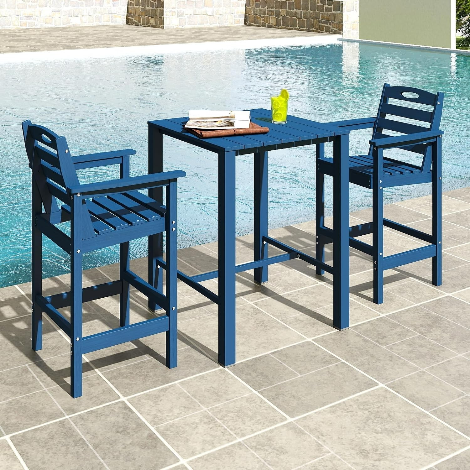 Domi 3Pcs HDPE Adirondack Patio Bar Set(1Table+2Chair)for Balcony,Backyard,Blue
